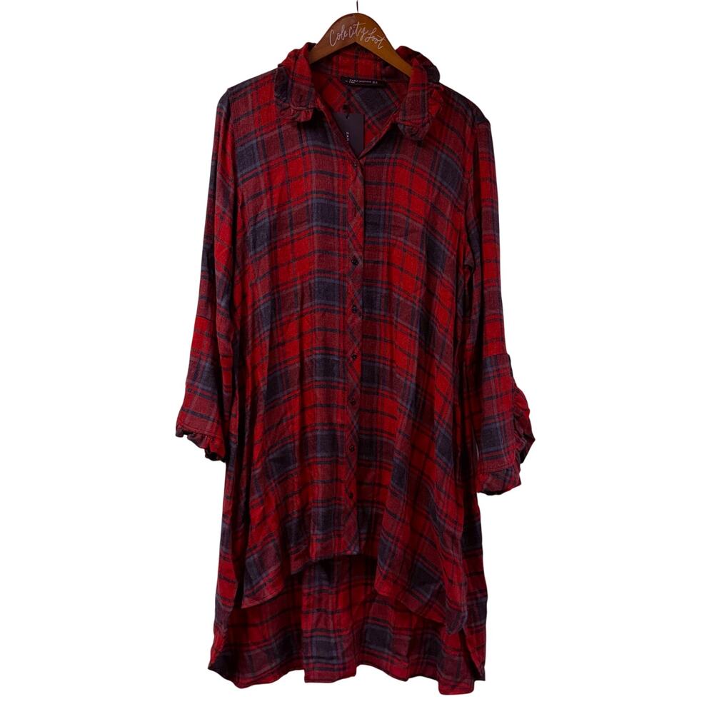 Zara Hi Low Red Plaid Ruffle Trim Shirt Dress Medium